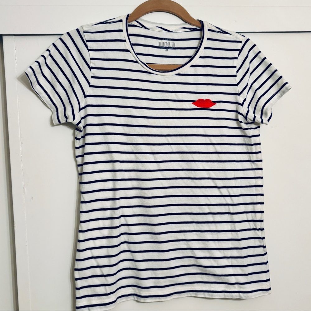 J. Crew White & Navy Striped Short Sleeve Tee with Red Lip Patch